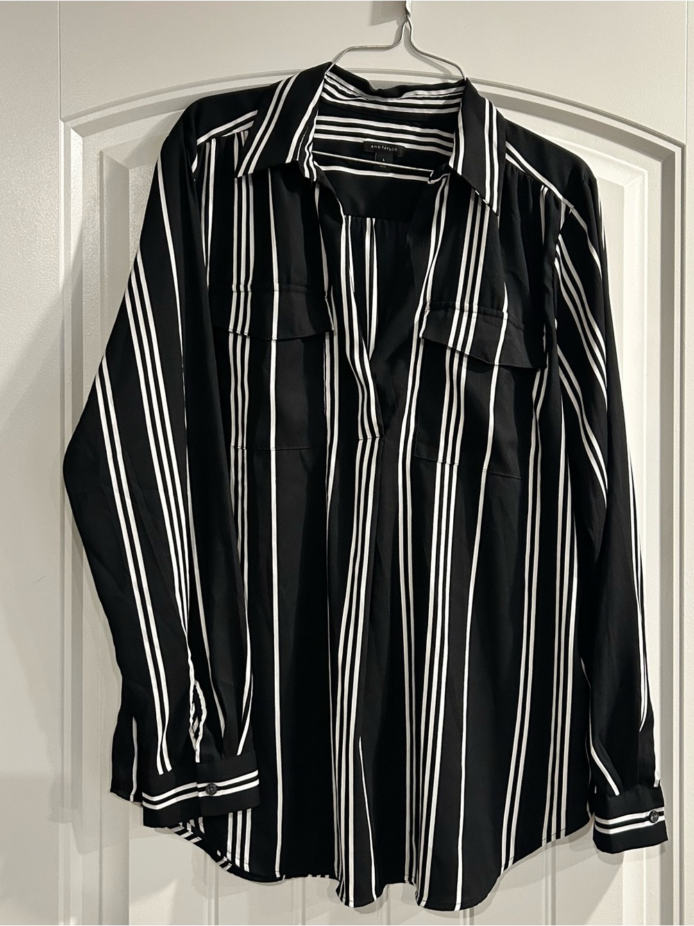 Ann Taylor Black and White Vertical Stripe Button-Down Shirt
